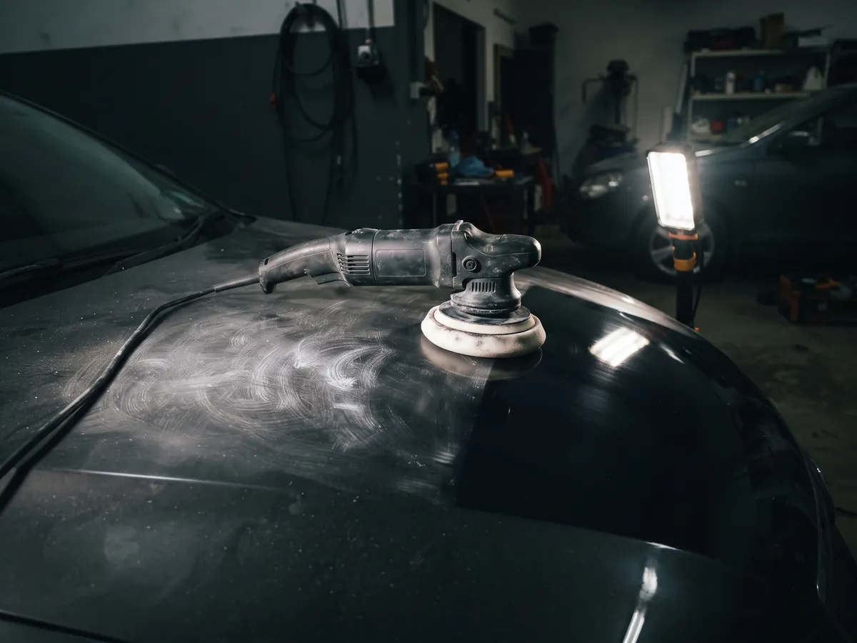 Unser Angebot - Glanznormal Fahrzeugaufbereitung Poliermaschine auf der Motorhaube, eine Lampe zeigt den Lackzustand